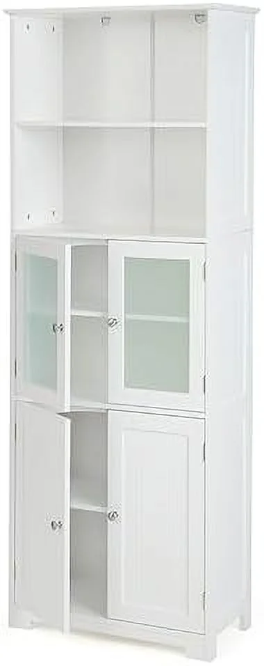 TQJKLFDY Tall Bathroom  Cabinet  Freestanding Kitchen Pantry Cabinet with Glass Doors and Adjustable   64\u201D Wooden Linen Floor Cabinet for Bathroom  Living Room  Kitchen (White)