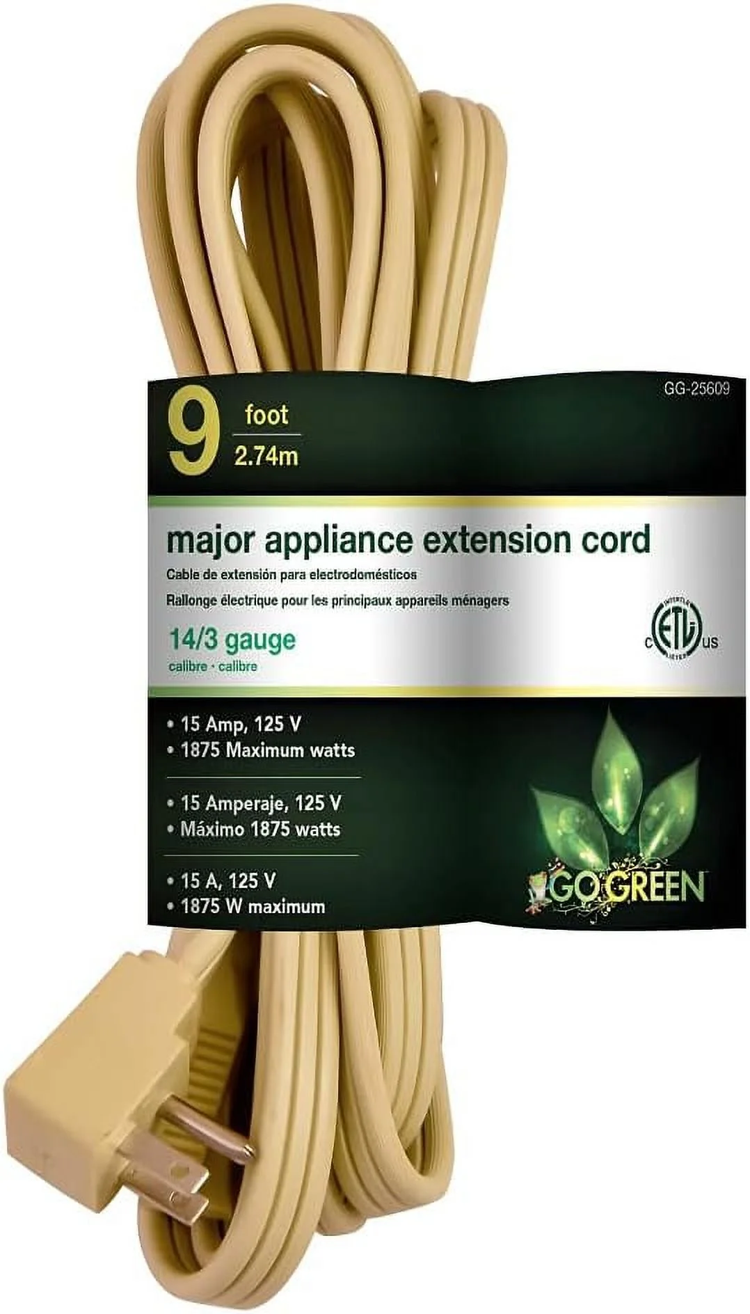 GoGreen Power (GG-25609) 14/3 9' SPT Appliance Cord, Beige, 9 Ft