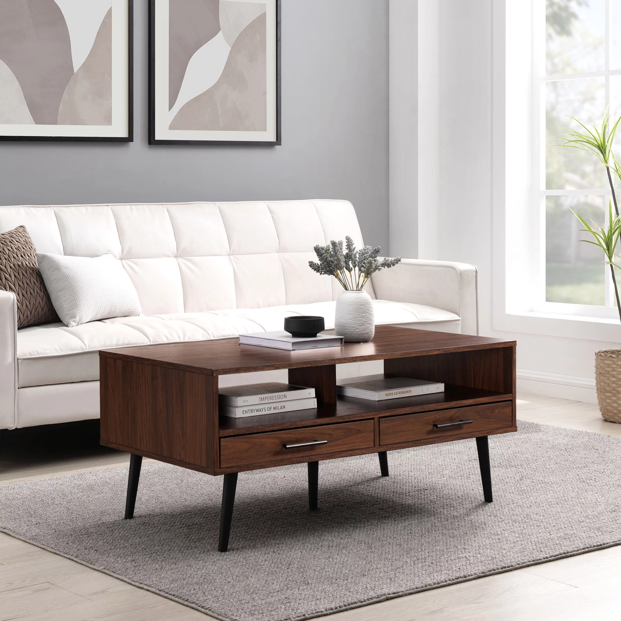 Walker Edison 40” Mid-Century Modern 2-Drawer Coffee Table, Dark Walnut