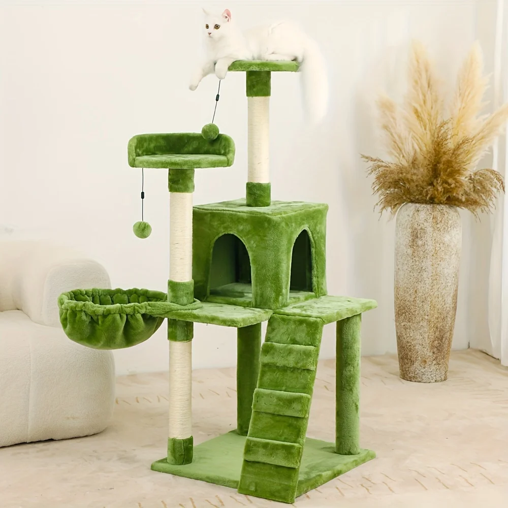 54in Green Cat Tree, Cat Tower Plush Condo Furniture, Cat Scratching Post With Natural Sisal Rope