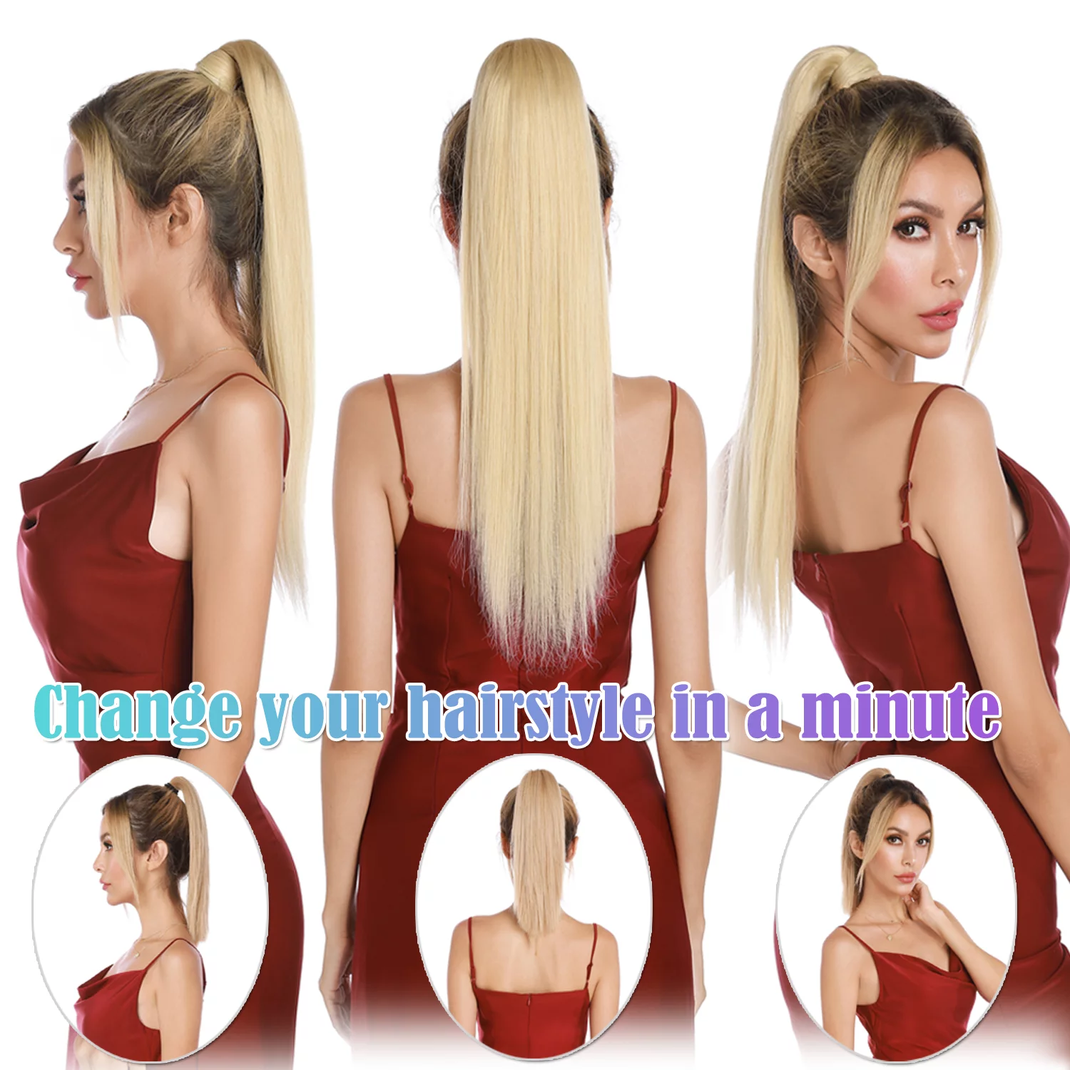 Benehair Clip in Ponytail Hair Extensions Human Hair Ponytail Wrap Around Remy Hair One Piece Silky Straight Human Hair Extensions 22inch #01 Jet Black 95g/pack