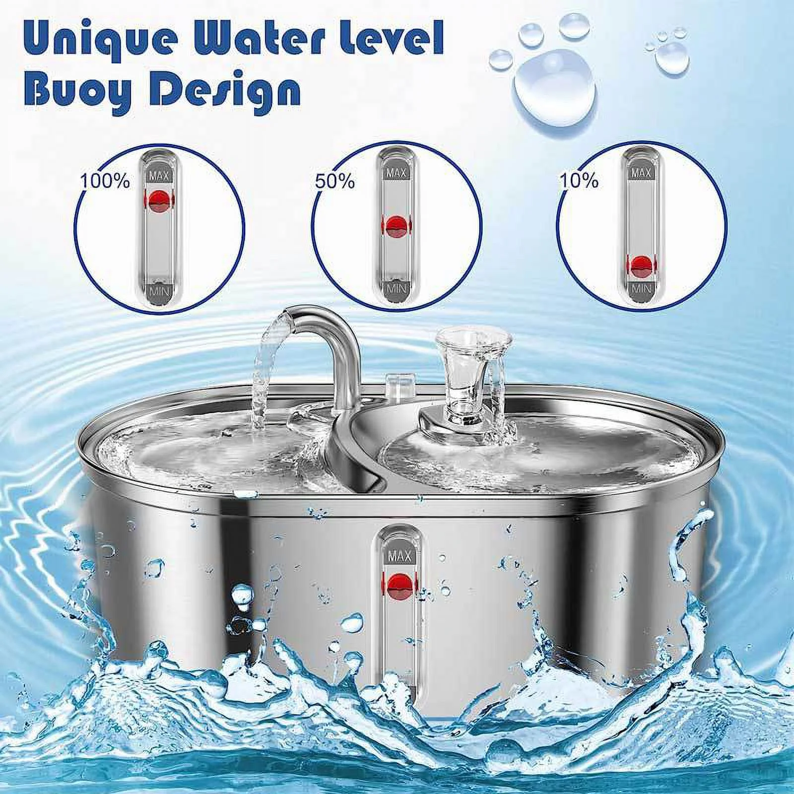 WEPSEN 304 Stainless Steel Cat Water Fountain: 3.2L/108oz Large Capacity Pet Fountain with Quadruple Filtration System, Silent Pump, Double Water Flow Design-Stainless Steel Water Dispenser for Dogs