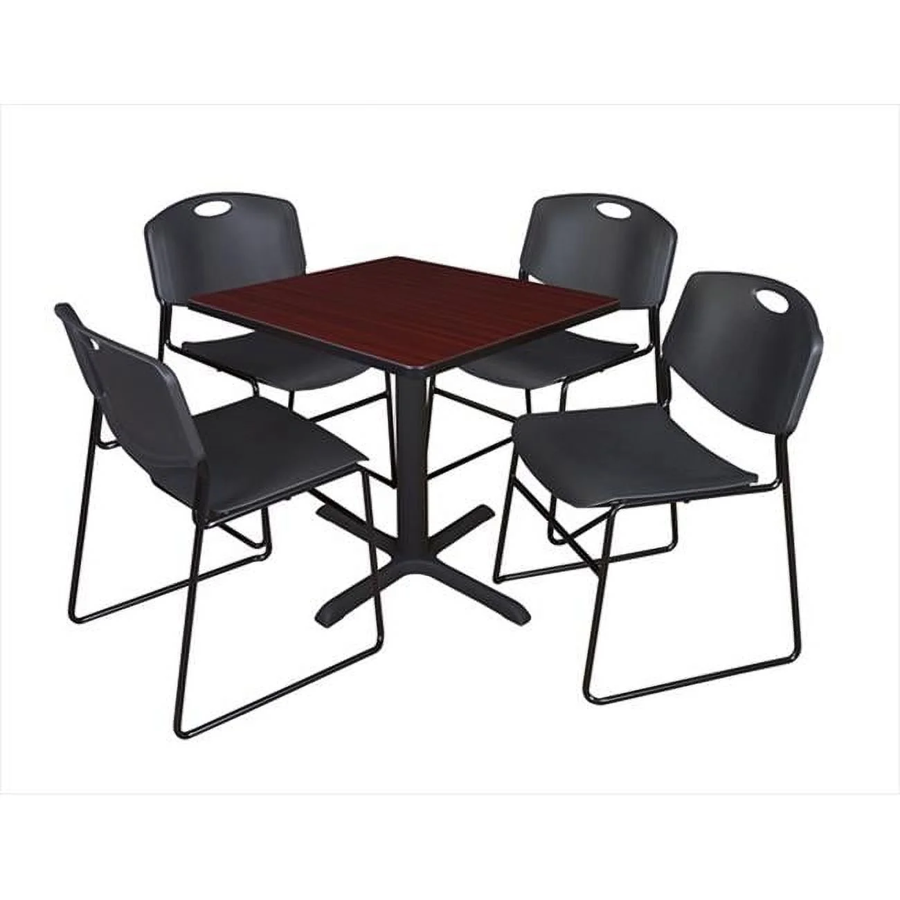 30 In. Square Laminate Table- Mahogany & Cain Base With 4 Black Zeng Stack Chairs