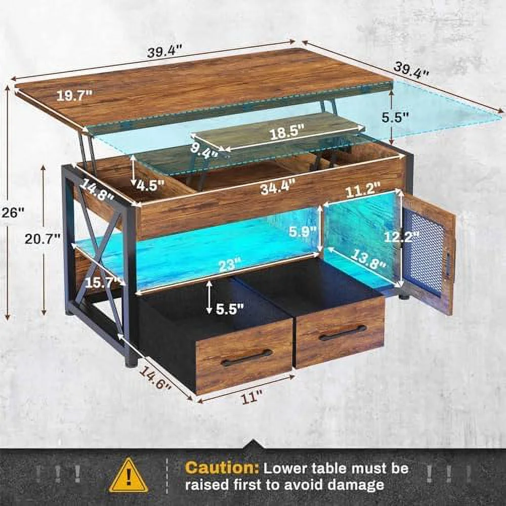 xrboomlife 40" Lift Top Coffee Table  4 in 1  with  Cabinet for Living Room  Small Farmhouse Coffee Table with 2 Fabric Drawers & LED Light for Dining Room  Rustic Brown