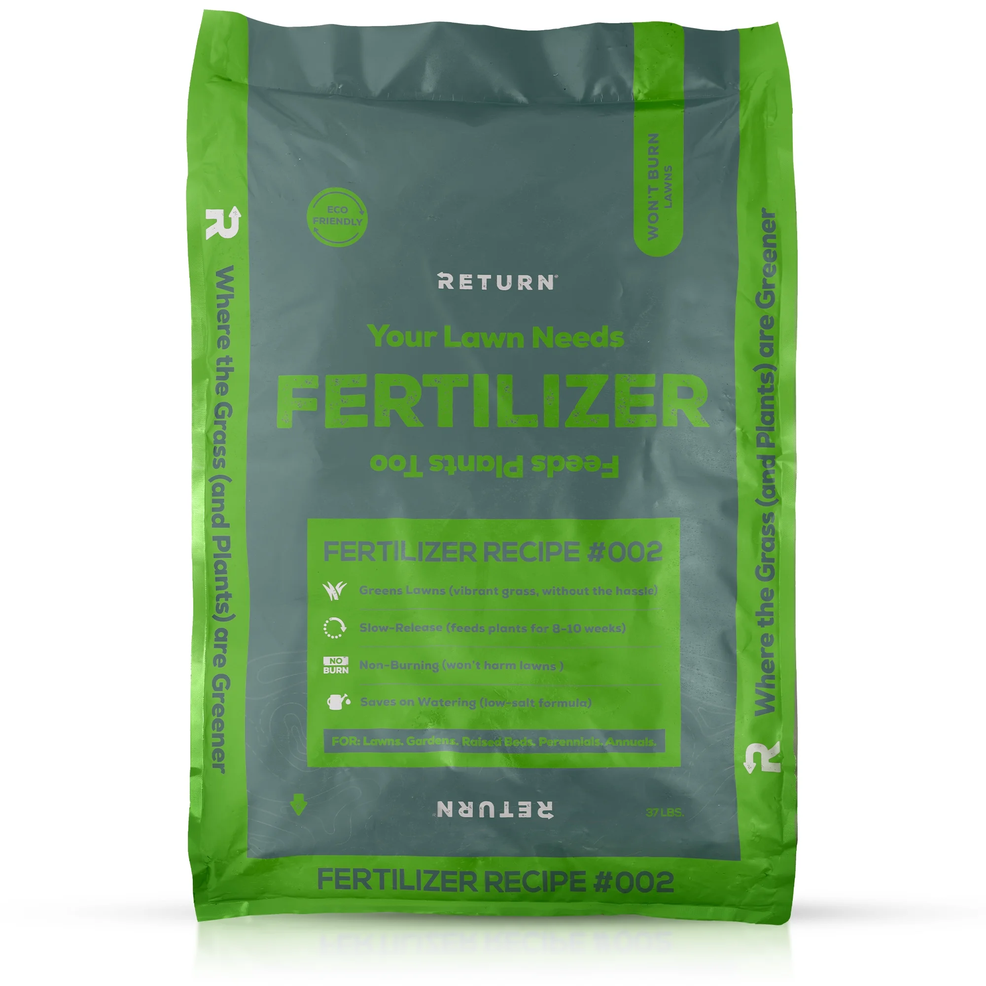 Return Fertilizer Recipe #002—37-LB Bag—Fertilizer for Grass, Plants, Flowers, and Vegetable Garden—Lawn Food for Green Grass, 3% Iron, Nature & Pet Safe, Eco-Friendly, NPK 5-5-0
