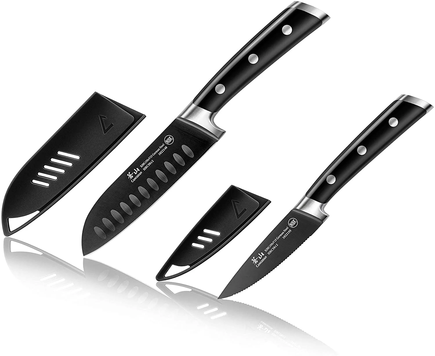 Cangshan S+ Series German Steel Forged 2-Piece Titanium Coated Santoku Starter Knife Set with Sheaths, Noir Black