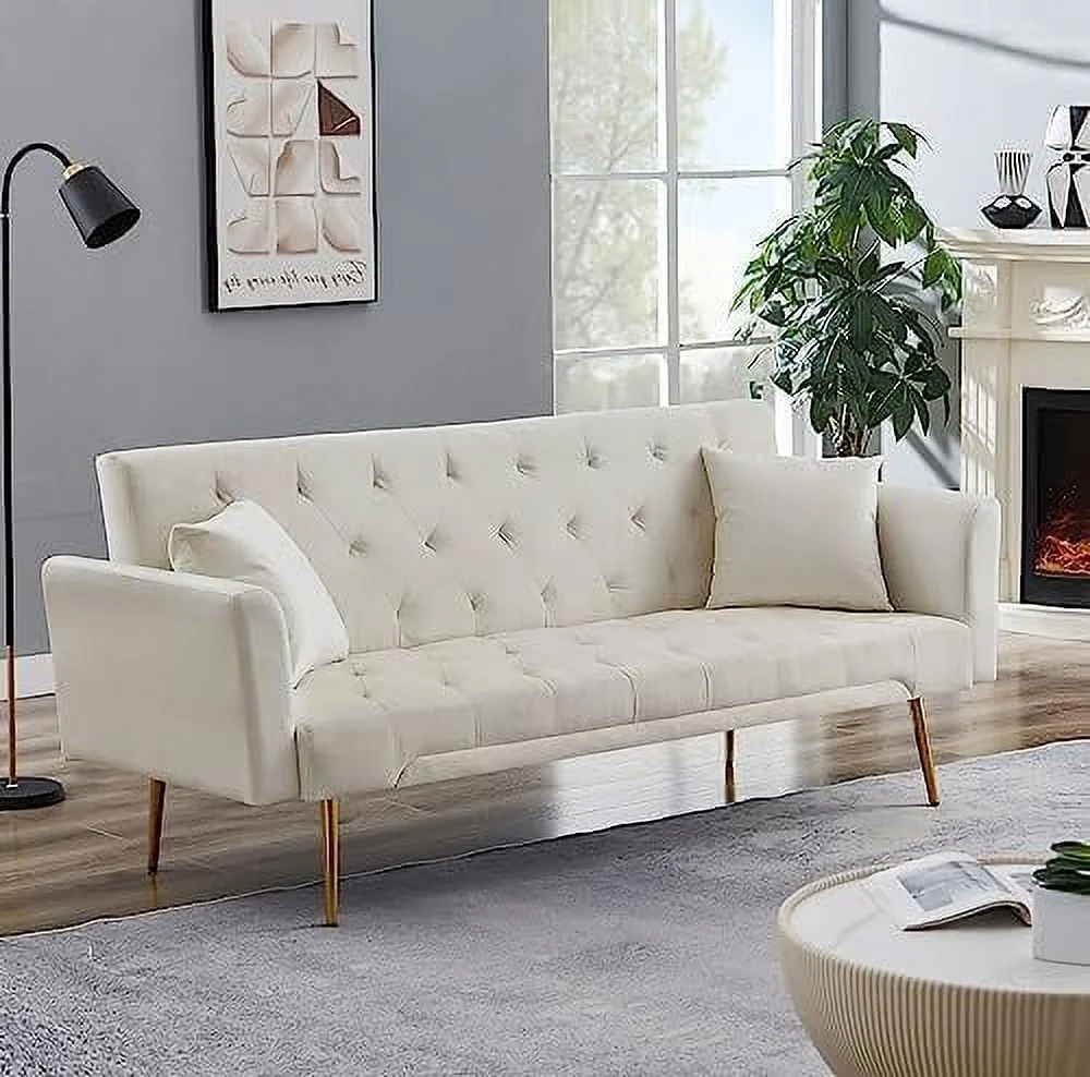 SQWDEC 72"Modern Velvet Sofa Bed Futon Convertible Folding Sleeper Bed Couches with 3 Adjustable Backrests Tufted Recliner Love Seat with Golden Chrome Legs for Living Room Apartment
