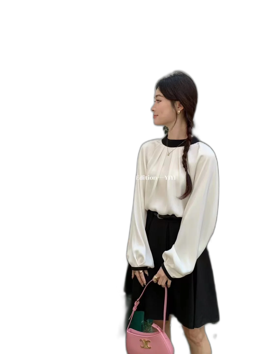 French Style Color-Blocked Round Neck Lantern Sleeve Satin Shirt For Women In Spring Design With Back Tie Bow Top