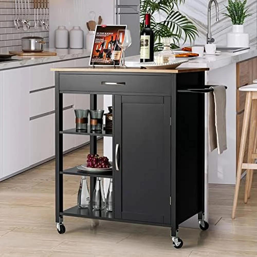GVJMTKP Kitchen Island with   Rolling Kitchen Cart with Towel Rack   Drawer  and 3-Tier Open Shelves  Kitchen Island on Wheels with Rubber Wood Top  34.5 x 18.5 x 36.5 Inches (Black)