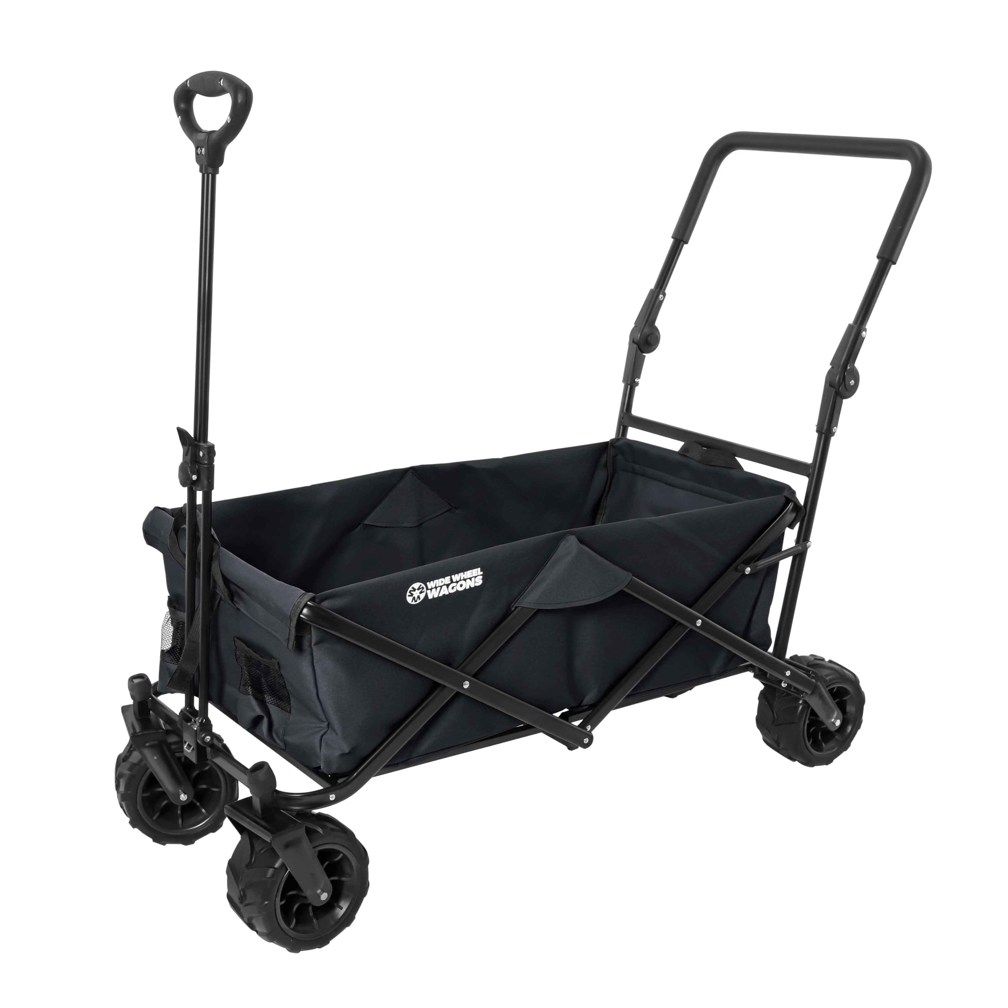 Black Wide Wheel Wagon All-Terrain Folding Collapsible Utility Wagon with Push Bar - Portable Rolling Heavy Duty 150 Lbs Capacity Canvas Fabric Cart Buggy - Beach, Garden, Sporting Events, Park