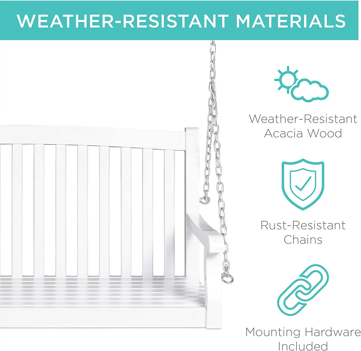 U-SHARE  48in Wood Porch Swing Outdoor Patio Hanging Bench Chair Furniture for Deck, Garden, Yard w/Mounting Chains, Curved Back Design, 500lb Weight Capacity - White