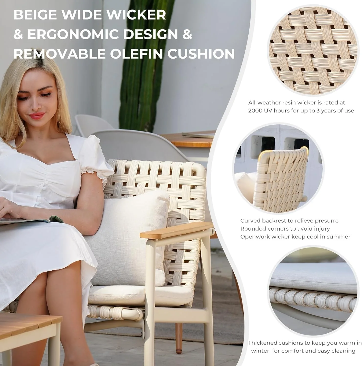 Grand Patio 4-Piece Aluminum Patio Furniture Set, Wide Wicker Sofa Set with Wood Grain Coffee Table and Water-Resistant Olefin Cushions