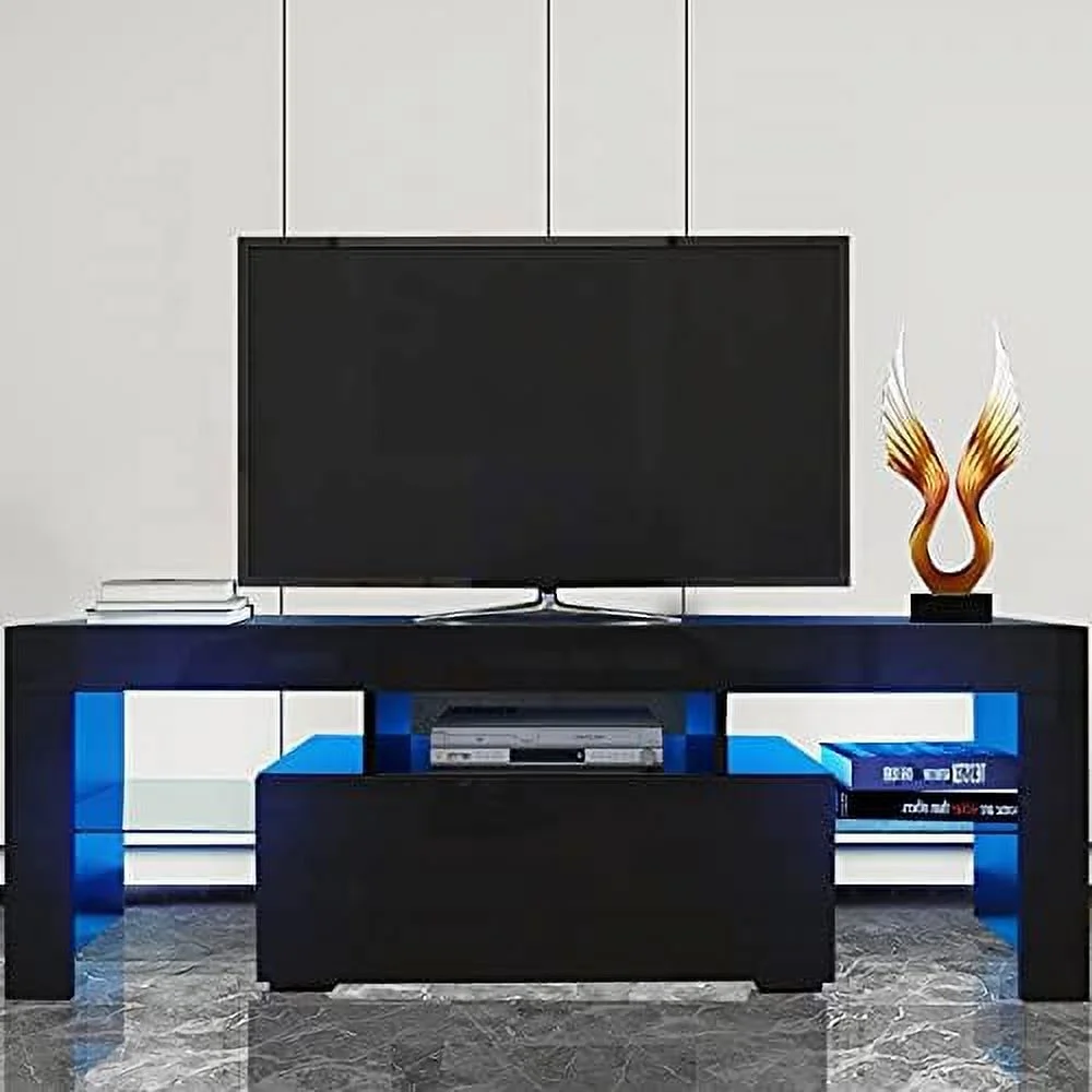 CKPFVY Glossy LED TV Stand with 16 Colors RGB LED Lights Modern Media  Console with 2 Drawers Television Table TV Cabinet for Up to 70 Inch TV TV Entertainment Center Cabinet for Living R