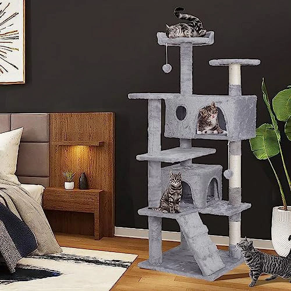 55 inches Heavy Duty Multi-Level Cat Tree Tower with Condo Furniture & Scratching Posts for Kittens Play Rest (Light Grey)