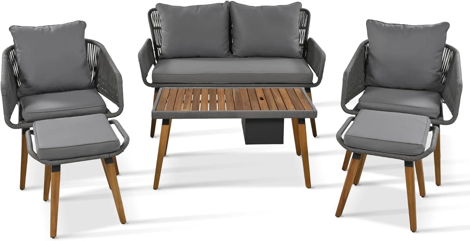 COOKCOK Patio Conversation Set, 6-Piece Rope Outdoor Furniture Set, Section Sofa Set with Acacia Wood Cool Bar Table with Ice Bucket, for Backyard/Porch/Balcony, Gray