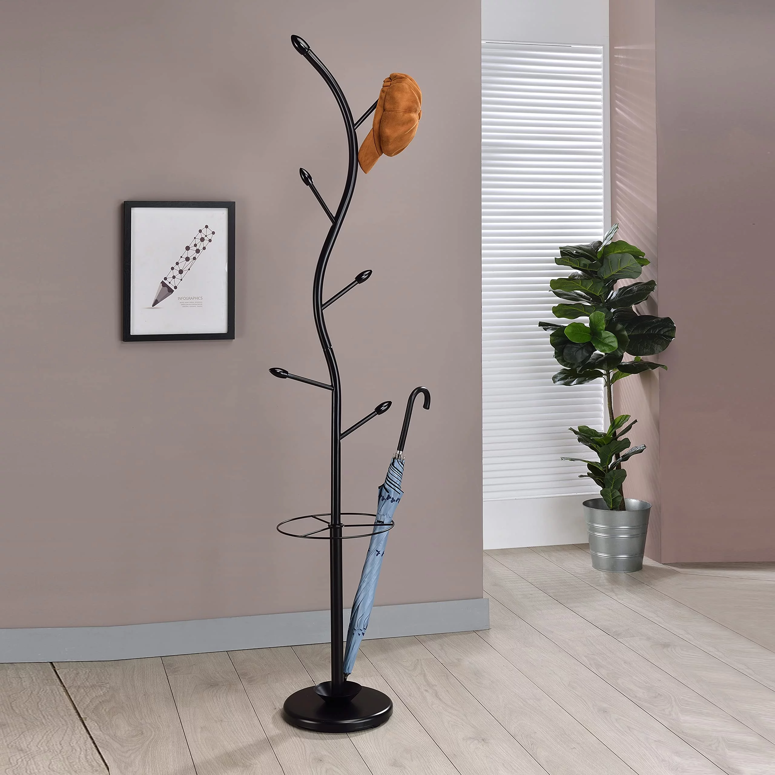 Kings Brand Furniture Metal 6-Hook Coat & Hat Rack with Umbrella Stand