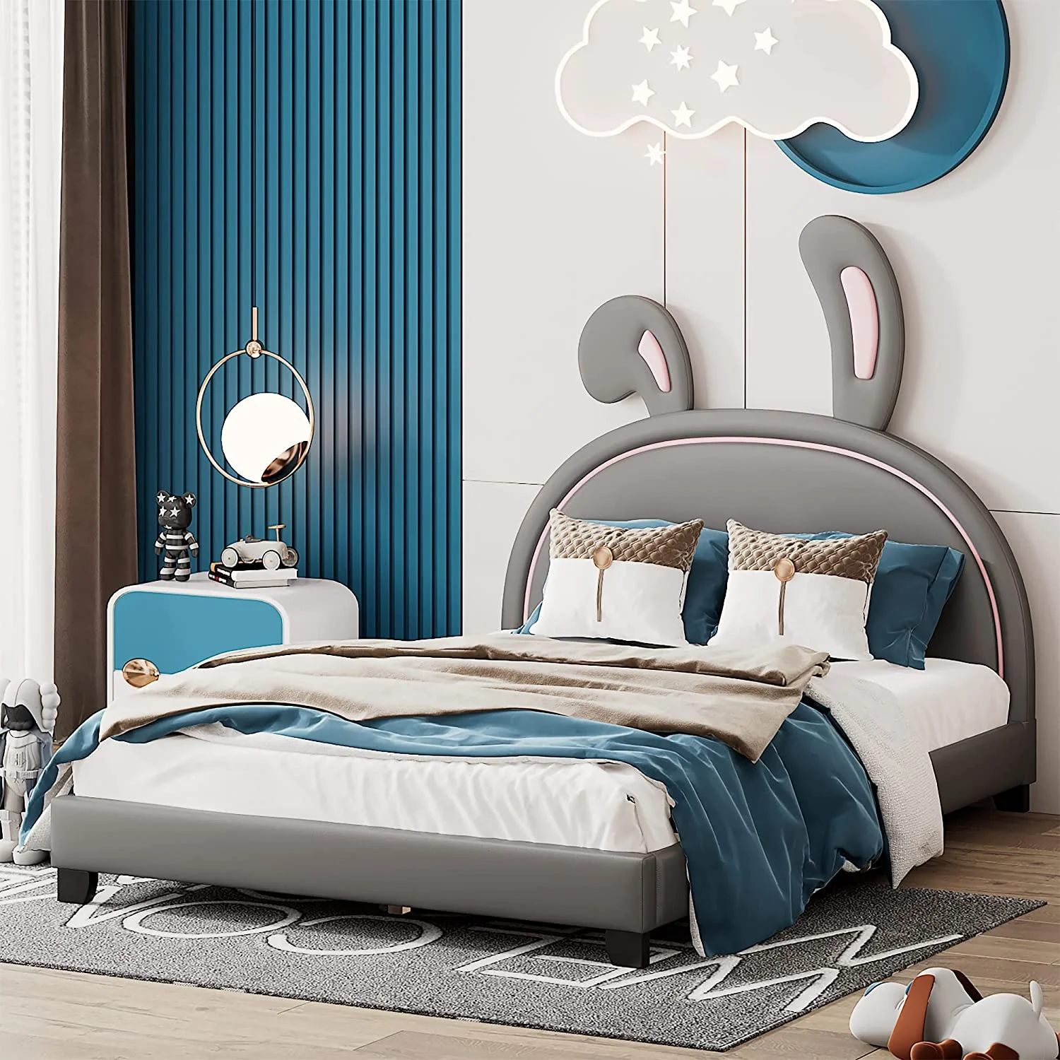 Full Size Kids Bed Frame With Rabbit Ears Shaped Headboard,Children Full Platform Bed Frame With Luxury PU Leather, Cute Single Full Bed For Girls Boys, No Box Spring Needed (Full,Grey)