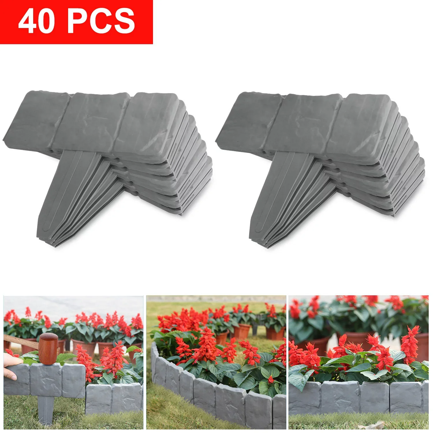 Garden Border Edging, YITUMU Imitation Stone Fence for DIY Outdoor Patio Balcony Yard Landscaping, Gray Plastic and Polypropylene Fencing Lawn Border, Interlocking Lawn Edge, 40 Pcs
