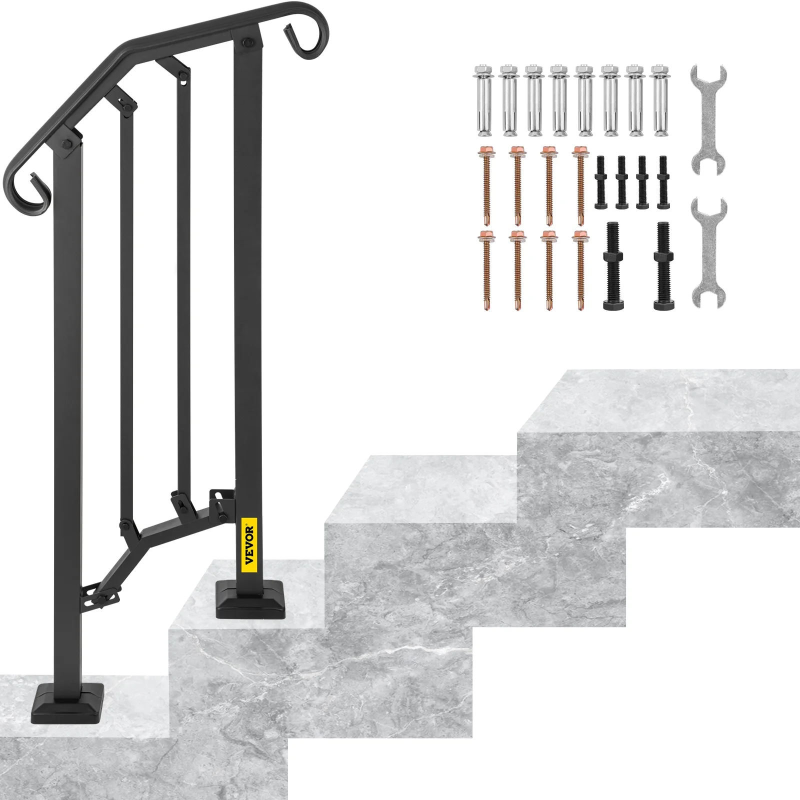 VEVOR Outdoor Stair Railing, Alloy Metal Hand Railing, Fit 1 or 2 Steps Flexible Transitional Handrail, Black Outdoor Stair Rail W/ Installation Kit, Step Handrail for Concrete or Wooden Stairs