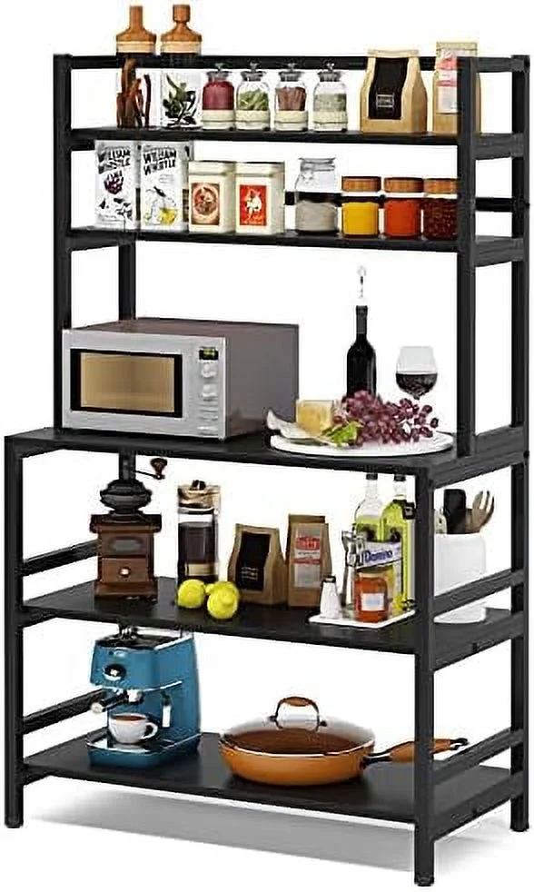 WTYNKAE Kitchen Bakers Rack with  and Hutch  5-Tier Kitchen Microwave Cart Stand Rack  Free Standing Industrial Kitchen Utility   (Black)