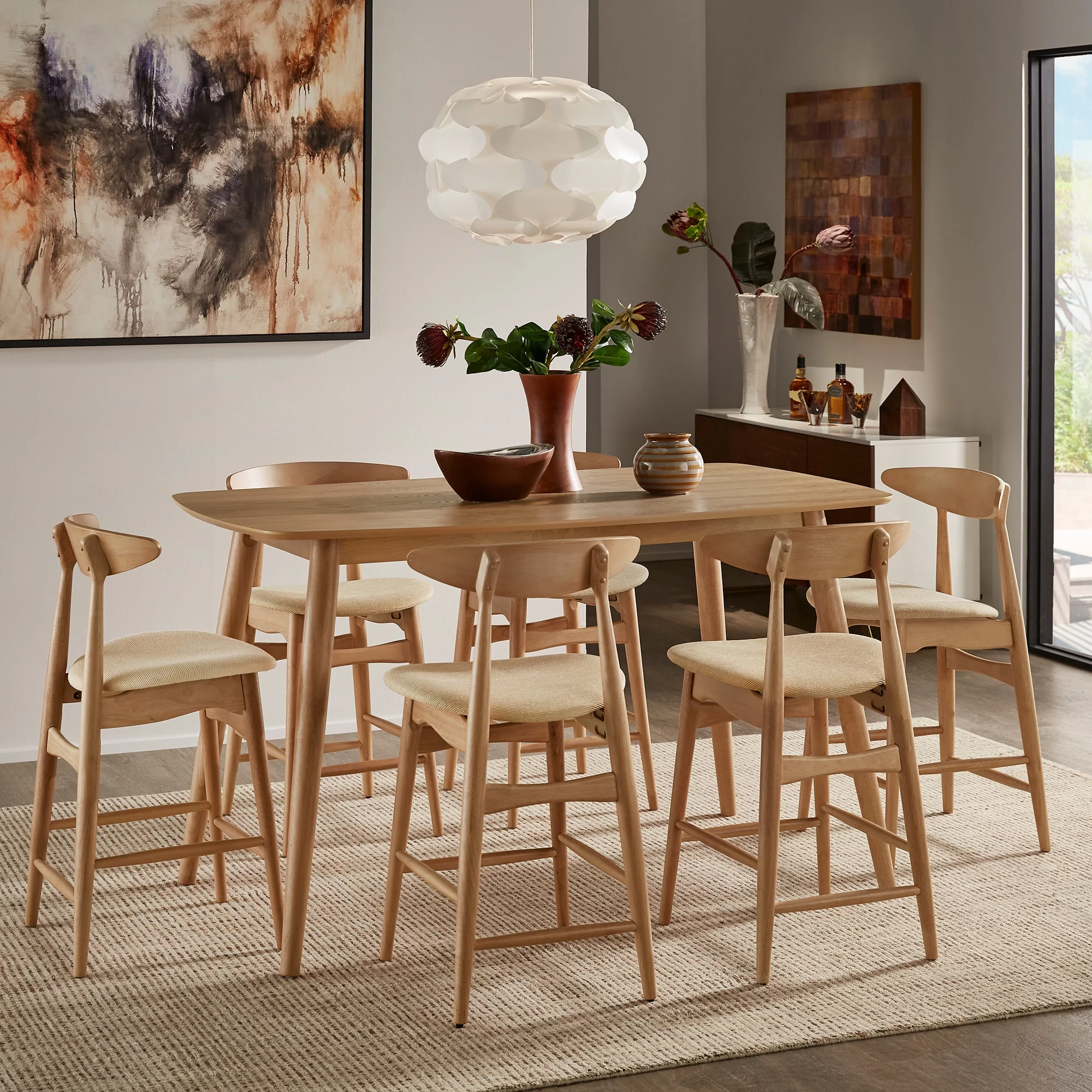 Weston Home Arne Mid-Century Natural Oak 5 Piece Counter Height Dining Set, Beige Fabric