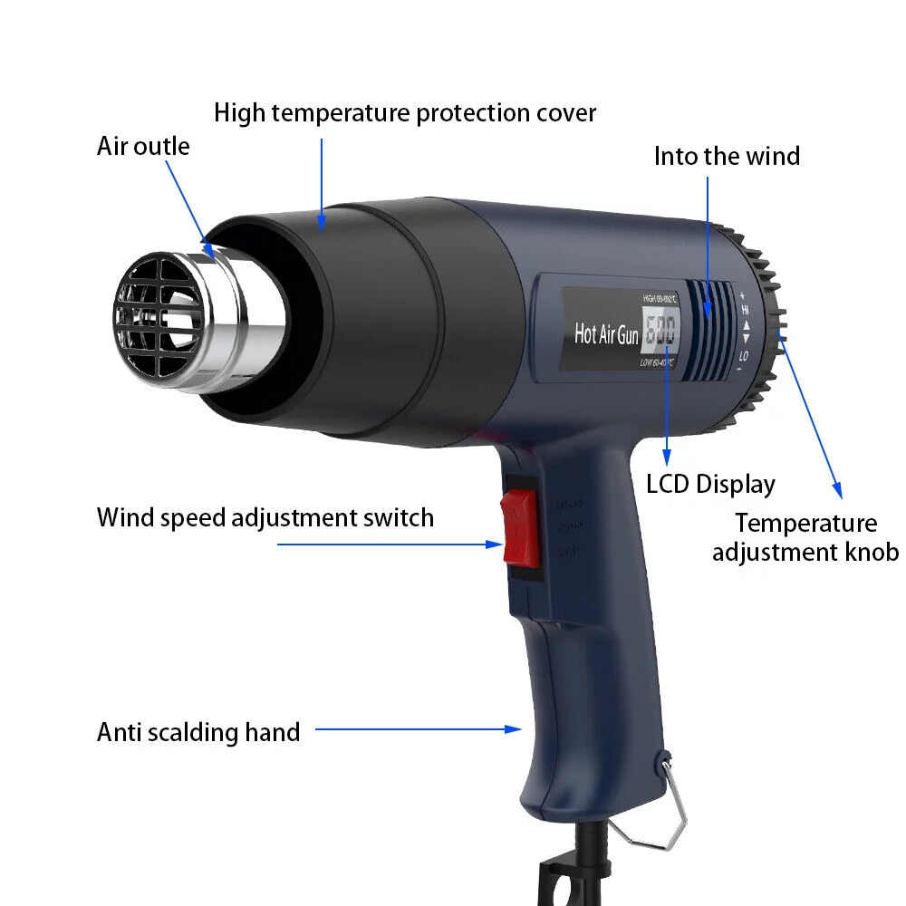 JLLOM 2000W Heat Gun Electric Hot Air Gun With Dual Temperature LCD Display 4 Nozzles