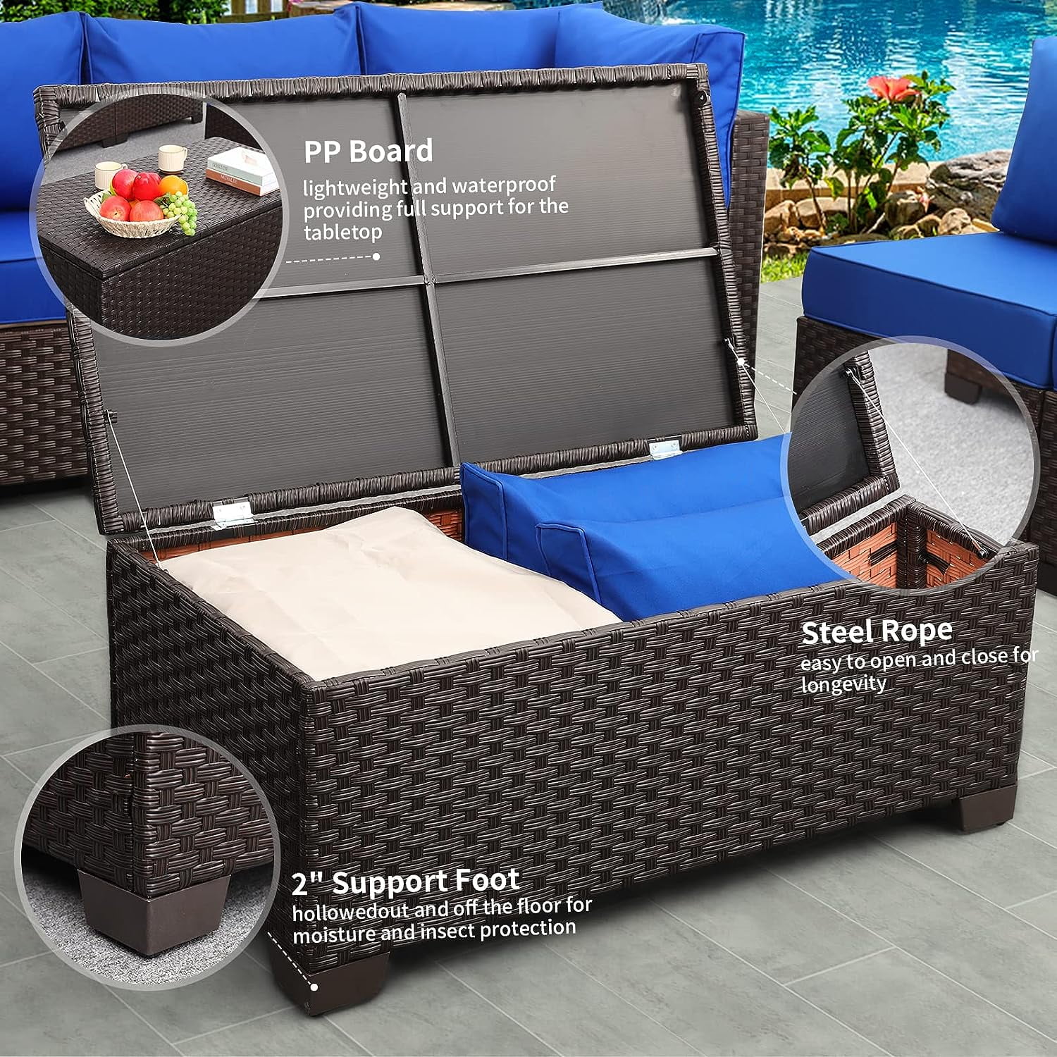 Outdoor Storage Table Wicker Patio Coffee Table All-Weather Rattan Side Table with Waterproof Cover, Brown