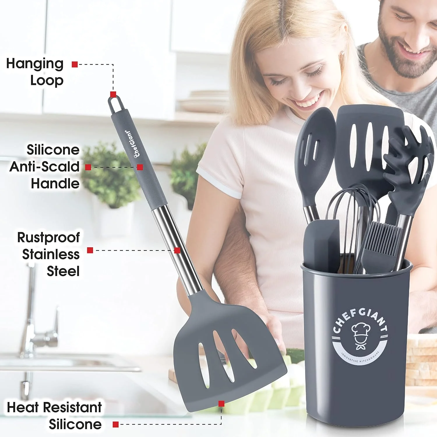 Silicone Cooking Utensils Set - Stainless Steel Handle, 15 Piece Kitchen Utensil Sets | Nonstick, Heat Resistant, BPA & Dishwasher Safe | Grey