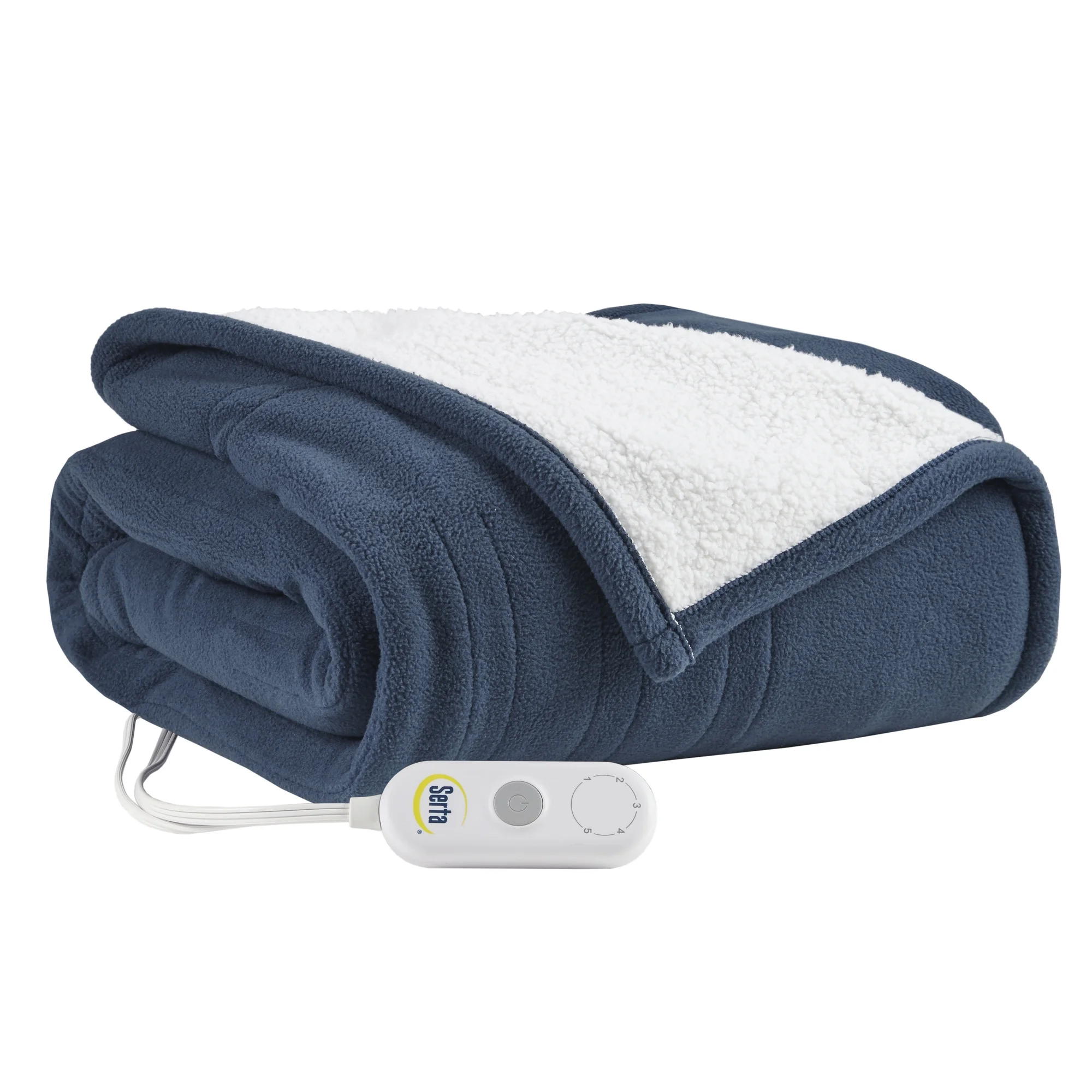 Serta Freya AZ Fleece to Sherpa 1-Piece Indigo Reversible Fast Heating Throw, 50x60