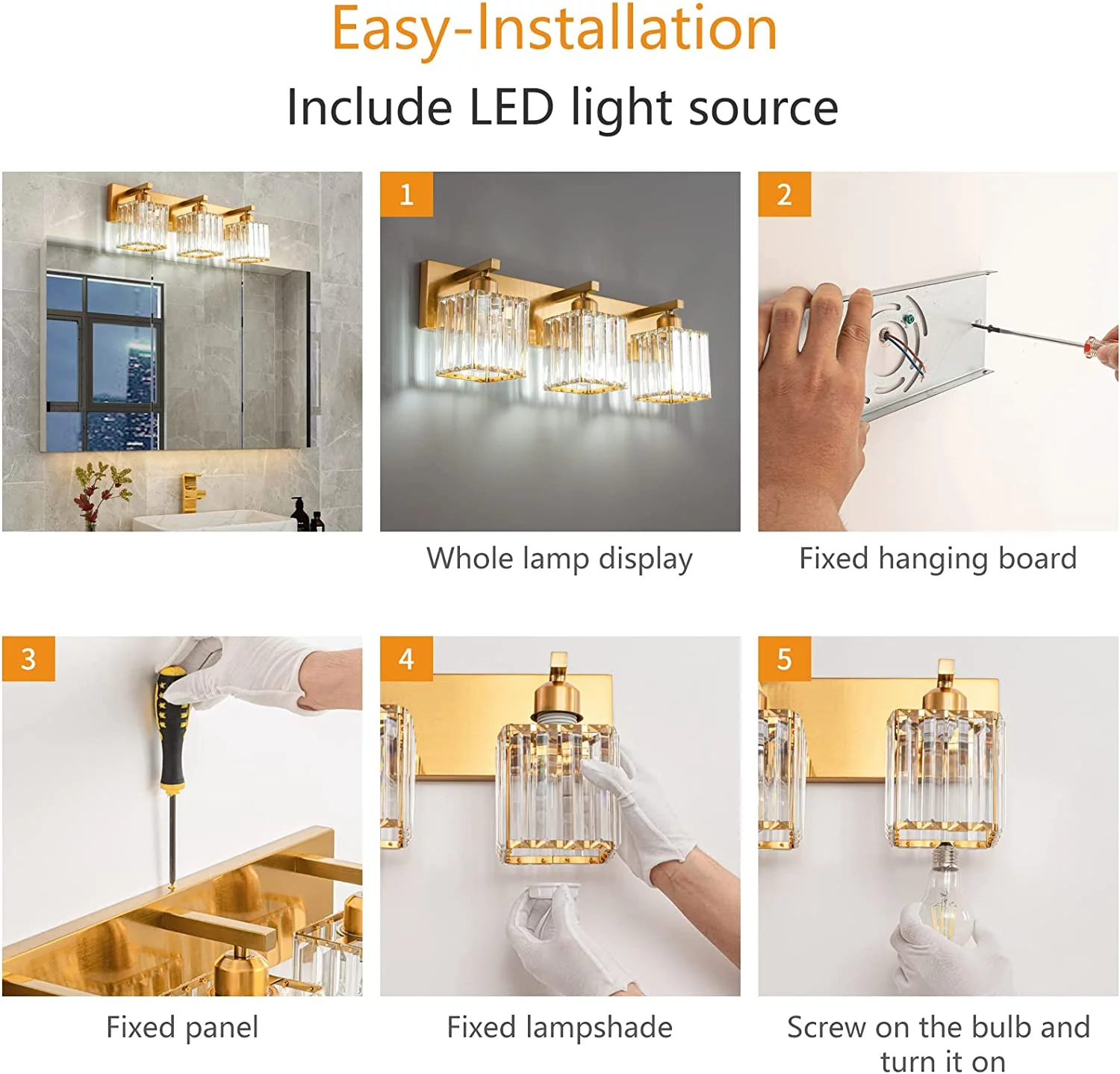 XIANMM Modern Gold Crystal Bathroom Vanity Light 3-Lights Modern Bathroom Wall Light Gold Bathroom Vanity Light Fixtures 002 Gold 3-Light