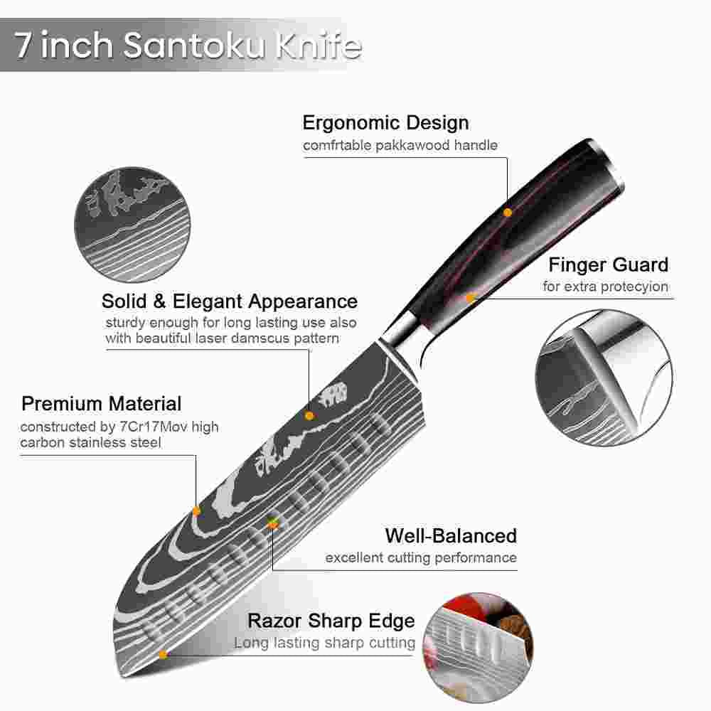 7 Inch Santoku Knife Stainless Steel Non-Slip Sheath and Handle Black