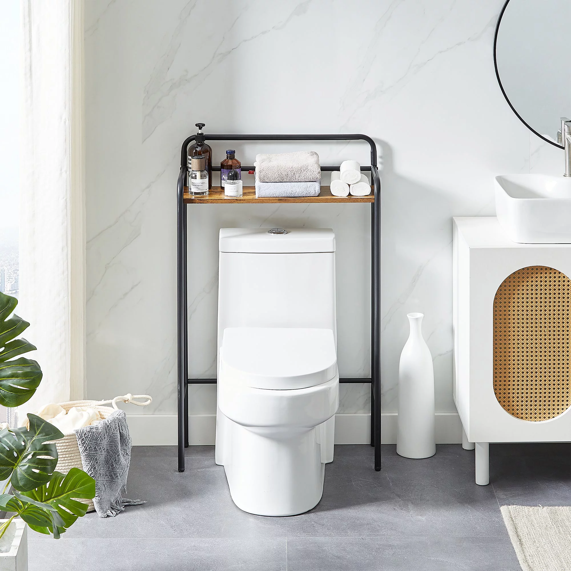 VECELO Over the Toilet Storage Rack, Freestanding Bathroom Space-Saving Storage Shelf Organizer, Brown