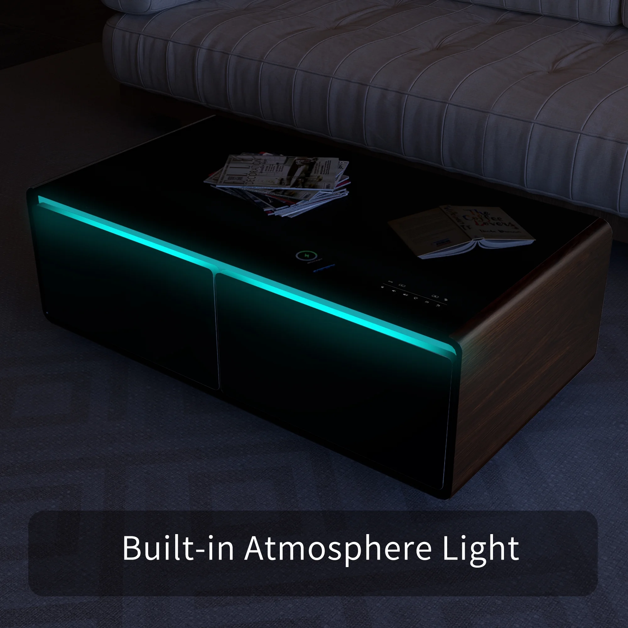 Modern Smart Coffee Table with Built-in Fridge, Bluetooth Speaker, Wireless Charging Module, Touch Control Panel, Power Socket, USB Interface, Outlet Protection, Atmosphere light, Brown