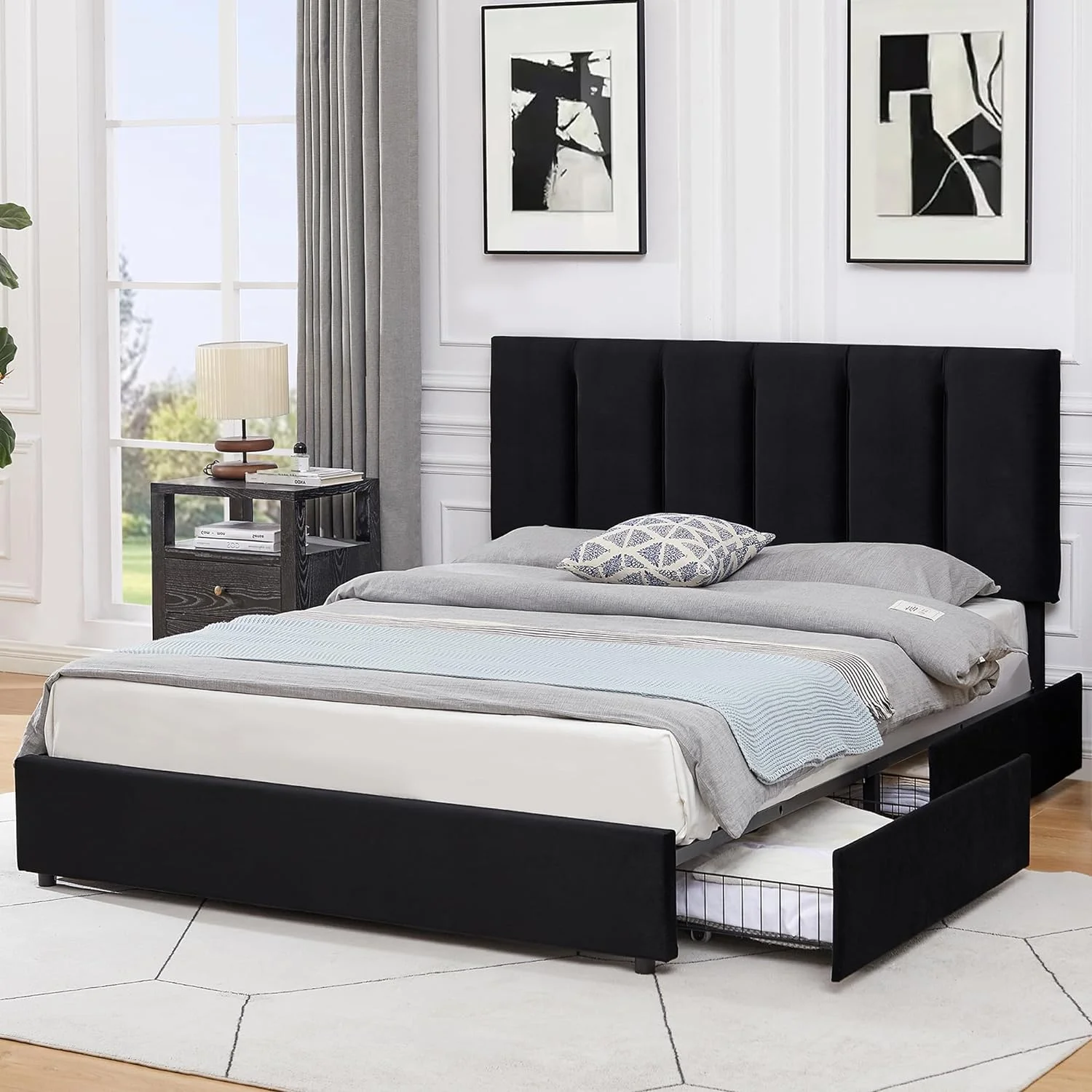 YILAN Queen Upholstered Bed Frame with 4 Storage Drawers and Adjustable Velvet Headboard, Heavy-Duty Platform bedframe, No Box Spring Needed, Black