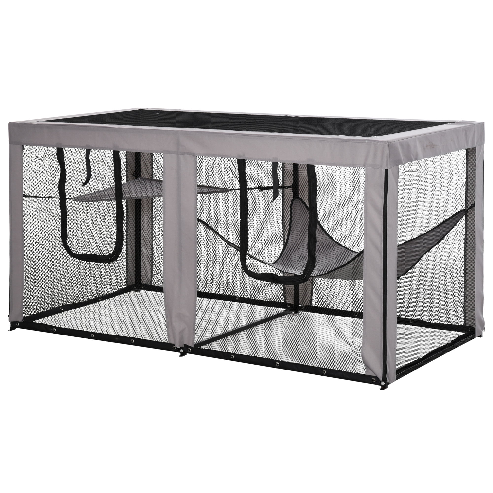 Pawhut Large Mesh Cat House, Black & Grey