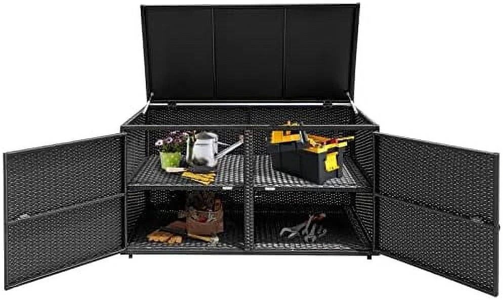 NTTBOBOEC Outdoor Wicker  Box  Garden Deck Bin with Steel Frame  Rattan Pool  Box with Lid  Ideal for Storing Tools  Accessories and Toys  88 Gallon Capacity (Black)