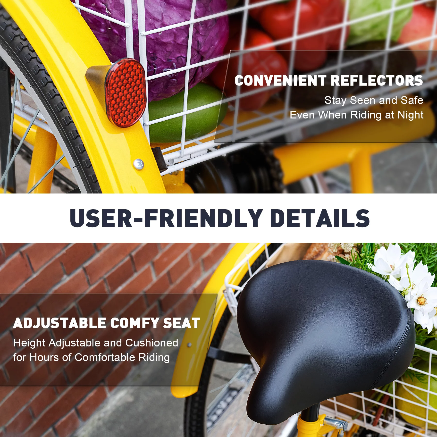 VIRIBUS 26 Inch Adult Tricycle 7 Speed 3 Wheel Cruiser Bike Trike w Rear Basket, Yellow