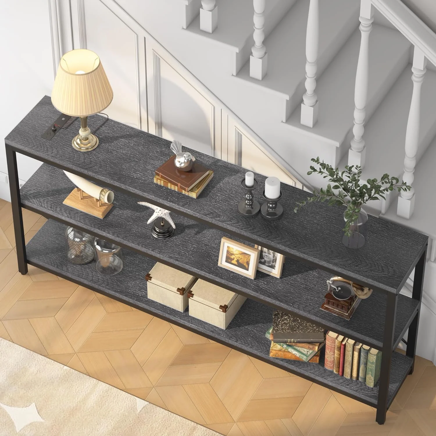 U-ToBe 70.86'' Extra Long Console Table with Power Outlet,USB Charging S Narrow Long Couch Table Entryway Table,Sofa Table with Storage Shelves