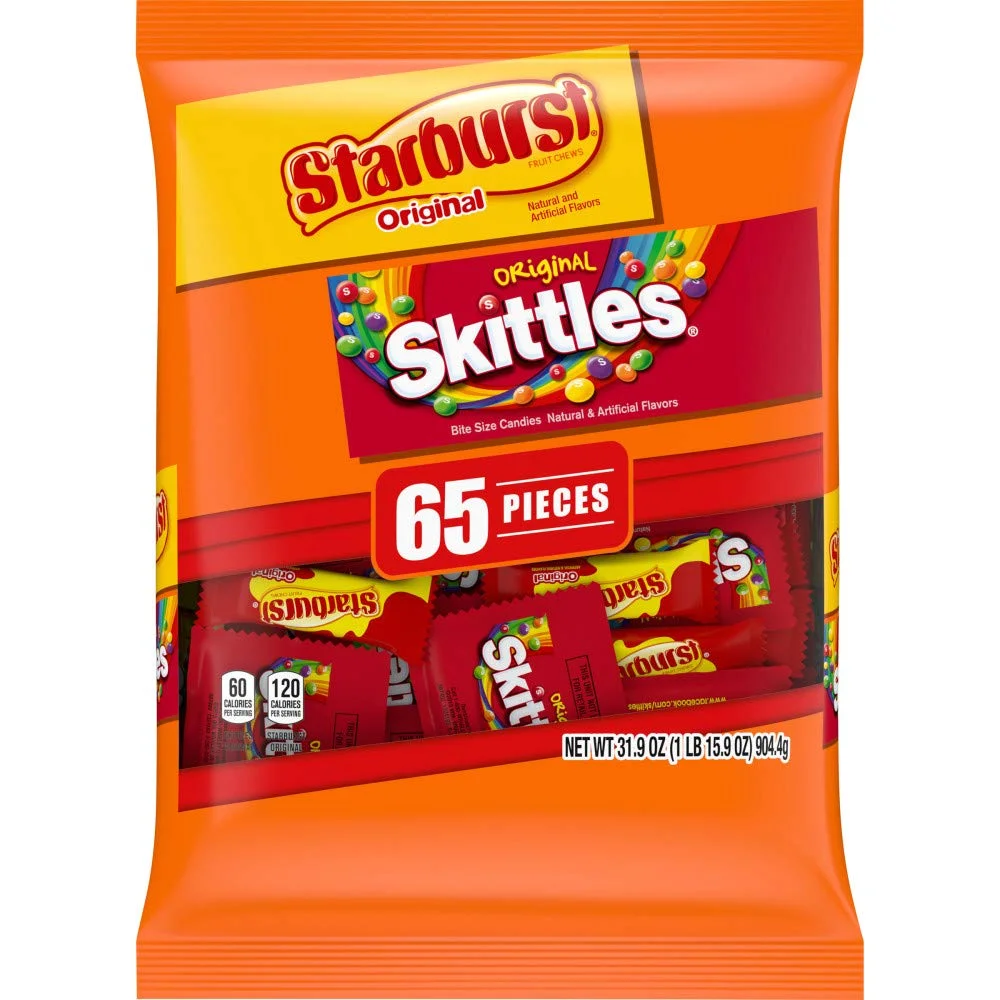 Skittles & Starburst Variety Pack Fun Size Chewy Candy Assortment, 31.9 Oz, 65 Pieces Bag
