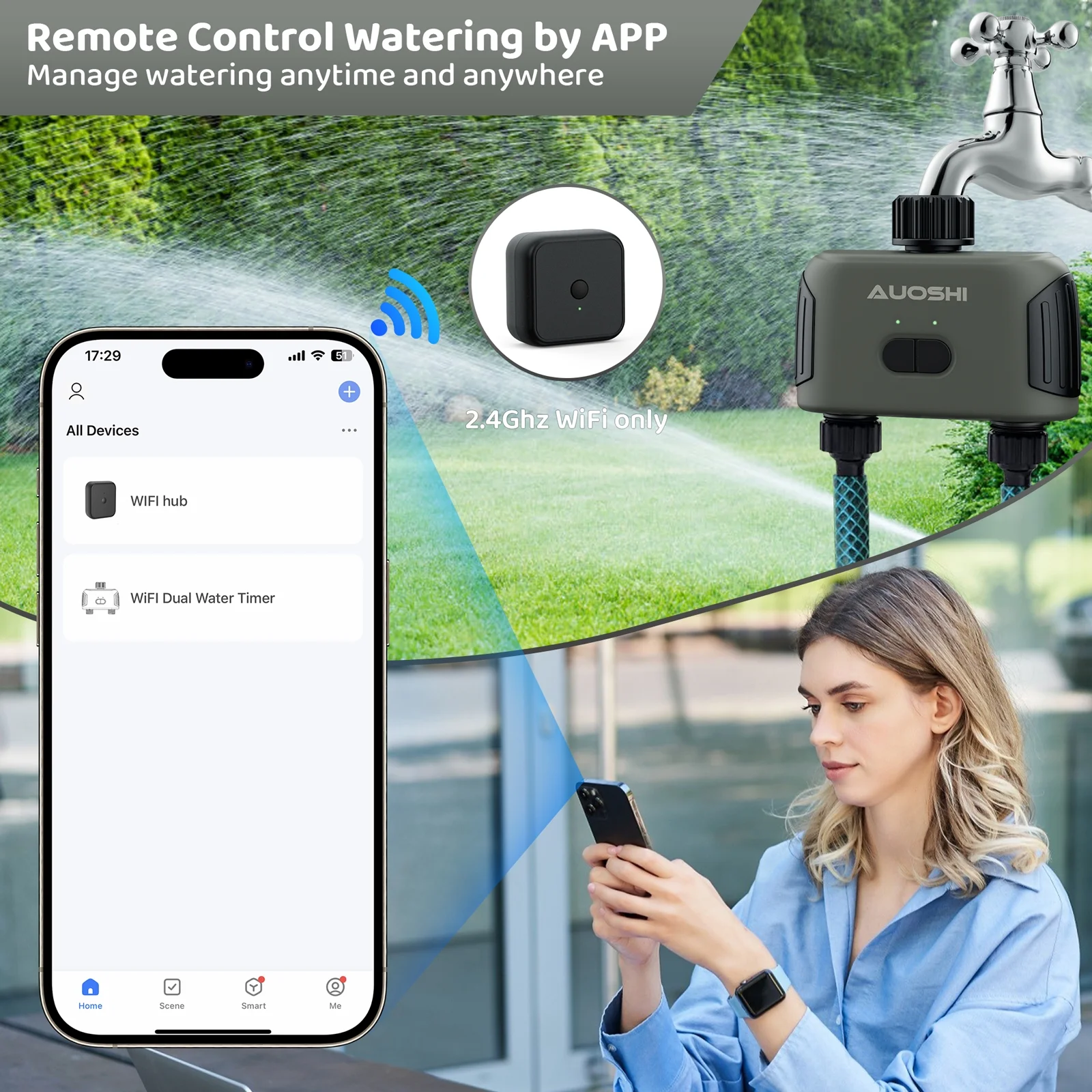 WiFi Sprinkler Timer, AUOSHI Smart Water Timer for Garden Hose, 2 Outlets, Automatic Irrigation System with WiFi Hub, Up to 20 Watering Plans, APP Control, Work with Alexa and Google Assistant