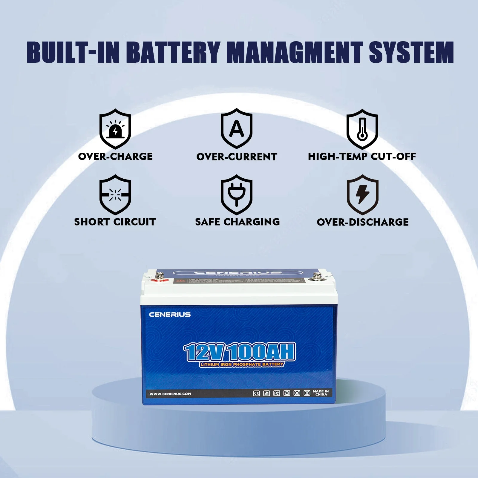 Cenerius 12V 100Ah LiFePO4 Lithium Battery,Built In 100A BMS,1280Wh Energy,High & Low Temp Protection Deep Cycle Rechargeable