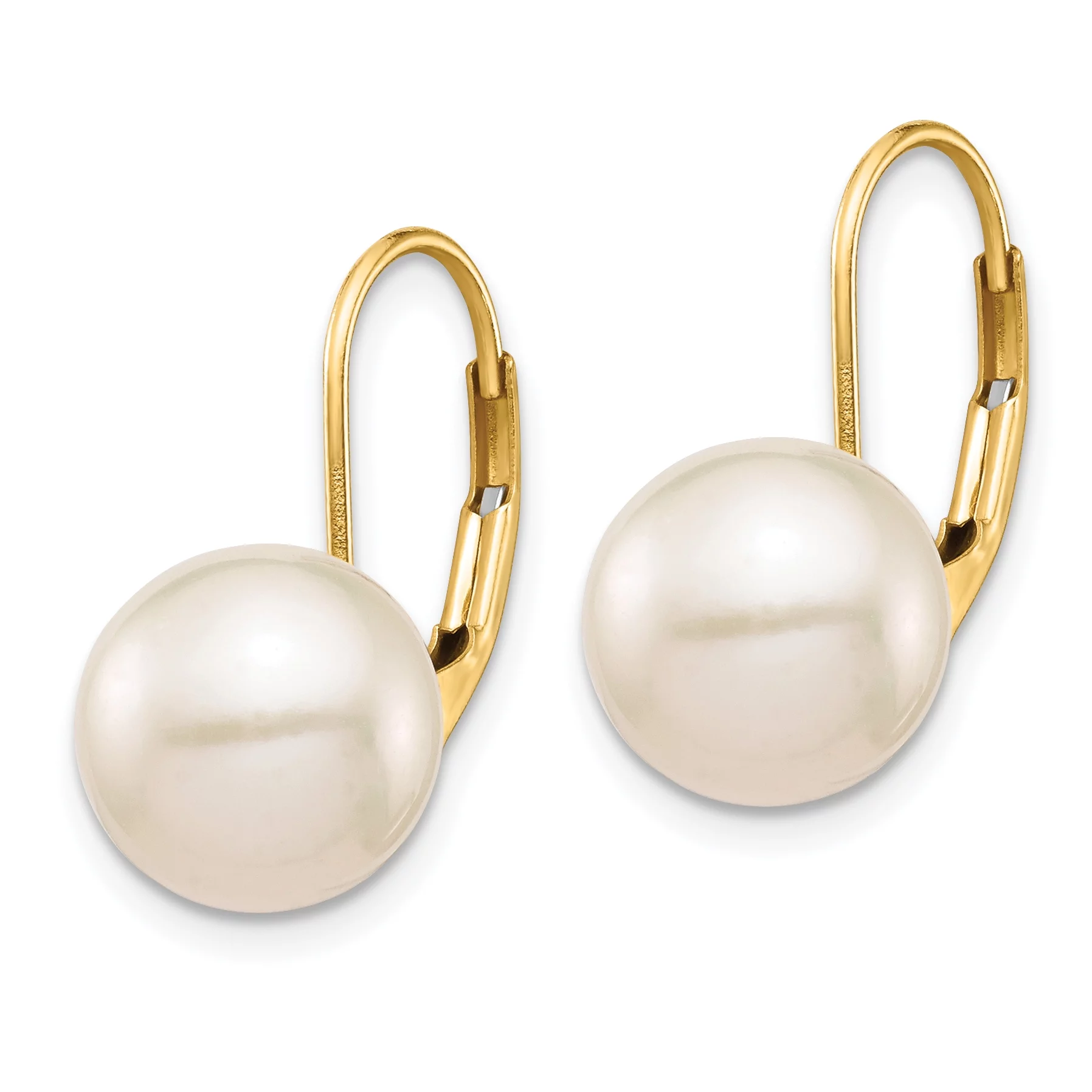 Carat in Karats 14K Yellow Gold White Round Freshwater Cultured Pearl Leverback Earrings (18.24mm x (9 to 10mm (range))