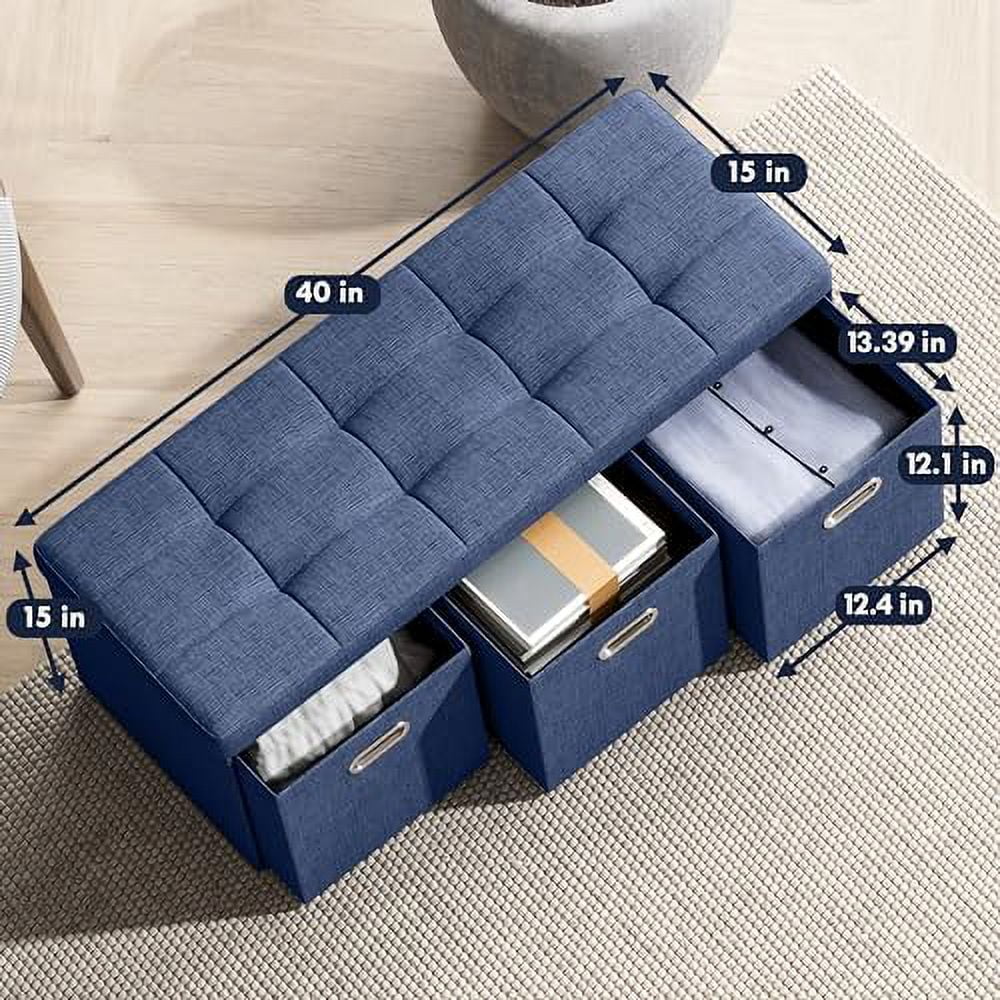 ZFGSUIJN Foldable Tufted Linen Large Long Bench  Ottoman Foot  Stool Seat with 3 Drawer Cubes - 15" x 40" x 15"  Navy Blue
