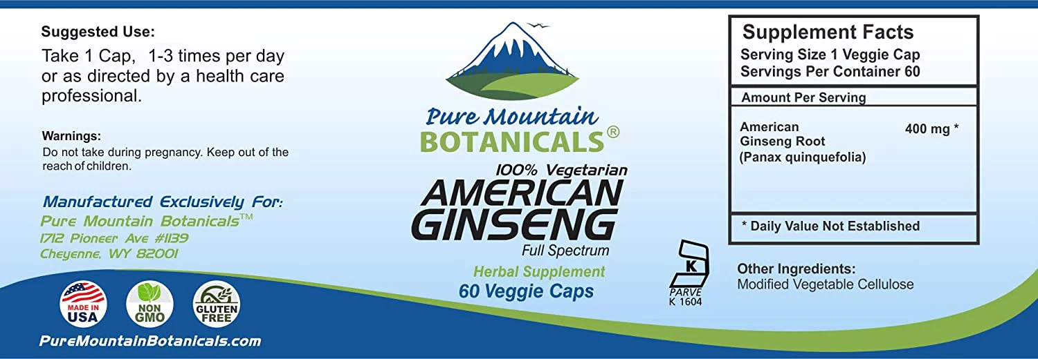 American Ginseng Capsules – 60 Kosher Vegan Caps with 400mg Panax Quinquefolia Ginseng Root