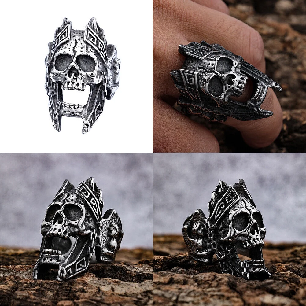 US Mens Stainless Steel Gothic MC Biker Skull Crown Ring Black Men Size 8-11
