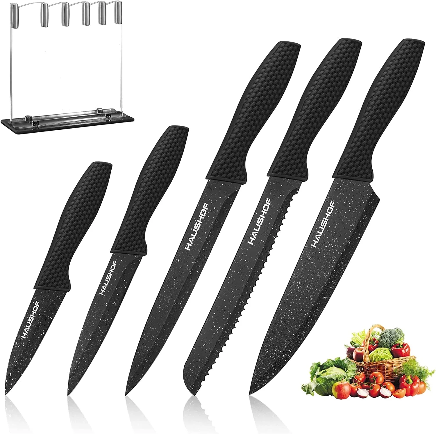 HAUSHOF Kitchen Knife Set, 5 Piece Knife Sets with Block, Premium Steel Knives Set for Kitchen with Ergonomic Handle, Great for Slicing, Dicing&Cutting
