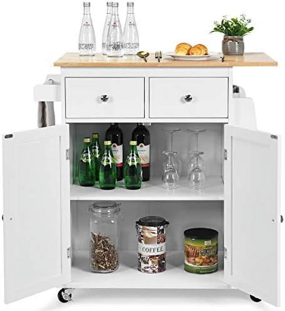 CHGTYS Kitchen Island Cart  Rolling Wood Trolley with  Cabinet  Towel Handle  2 Drawers  Side Spice Rack and Wine Bottle Rack  Kitchen Cart on Wheels  Rubber Wood Countertop (Black)