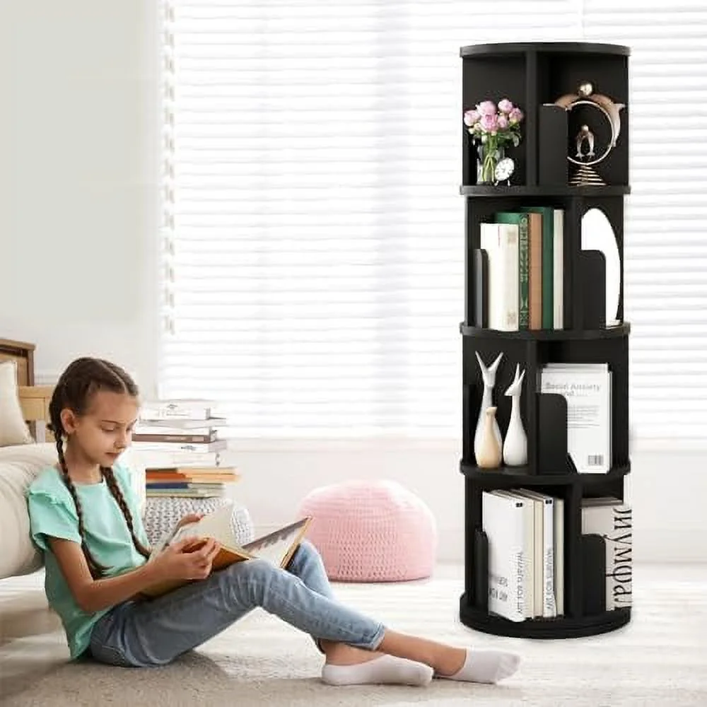 SQYTHGB °Rotating Bookcase  Small Corner Bookcase with  Small Footprint  4 Tier Standing Bookshelf for  & Adults  Wood Bookshelf Designed for Bedroom  Living Room，Black