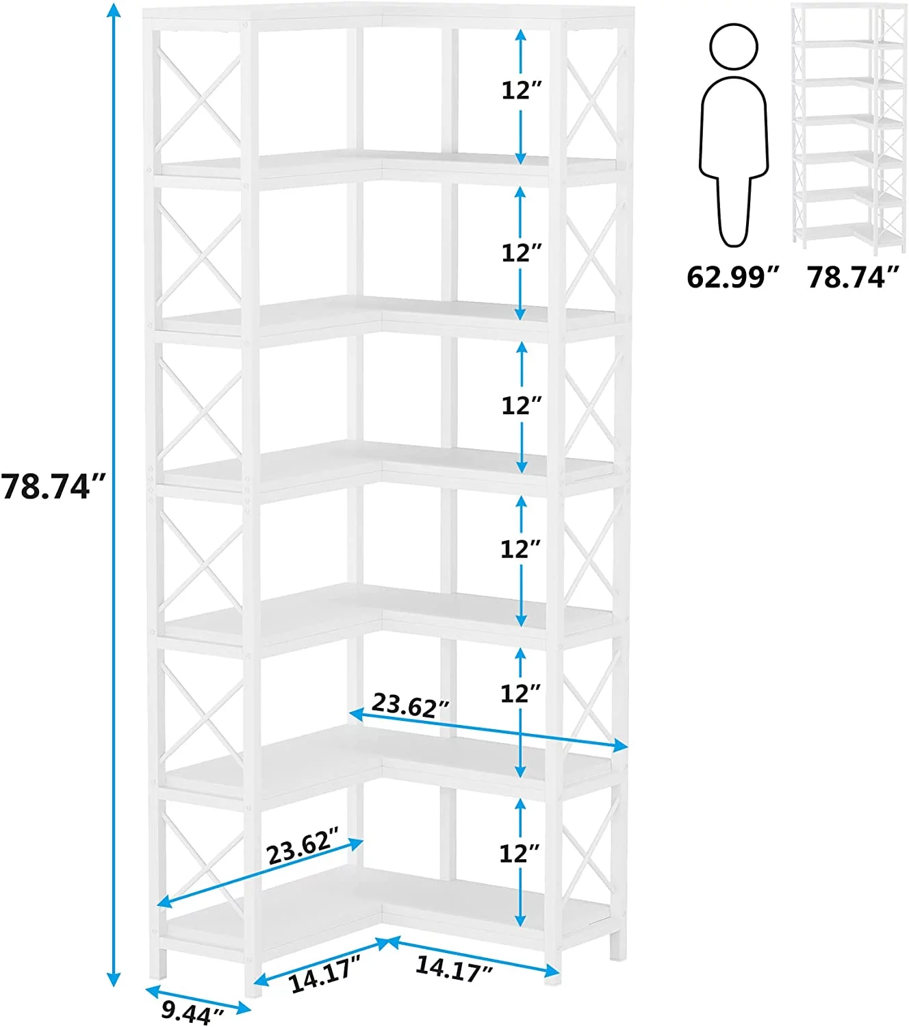 7-Shelf Corner Bookshelf,Large Modern Corner Bookcase, 7-Tier Tall Corner Shelf Storage Display Rack with Metal Frame for Living Room Home Office (White)