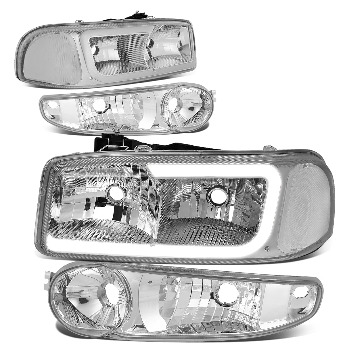 DNA Motoring HL-LB2-DAN99-CH-CL1 For 2000 to 2006 GMC Yukon XL Sierra Denali Model 3D LED DRL Headlight+Turn Signal Bumper Lamps Chrome Housing Clear Corner 01 02 03 04 05